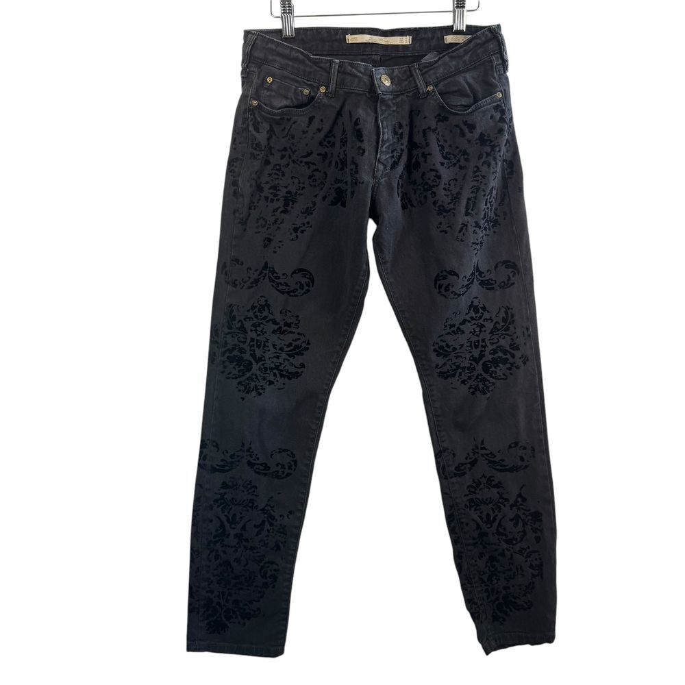 Whimsygoth Dark Romantic Zara Woman Black Jeans Velvet Damask Pattern Slim 6 Y2K